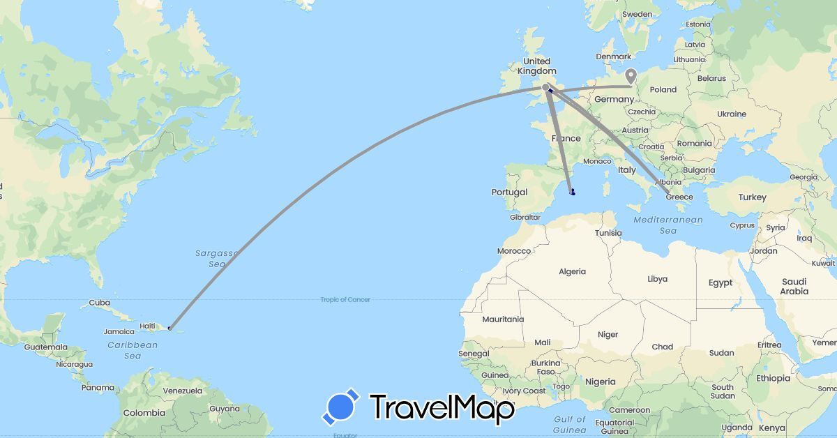 TravelMap itinerary: driving, plane in Germany, Dominican Republic, Spain, United Kingdom, Greece (Europe, North America)